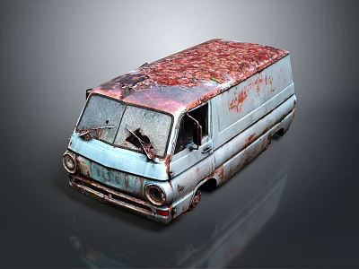 Old Rusty Vintage Van With Broken Windshield And Rusted Body Details 3d model