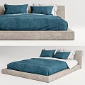 Comfortable Double Bed With Blue Duvet Gray Headboard And White Pillows 3d model