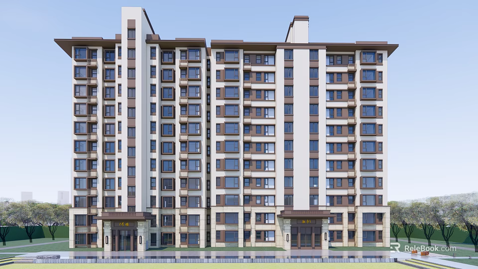 Modern Multi Story Residential Building With Symmetrical Design And Beige Brown Facade 3d model 