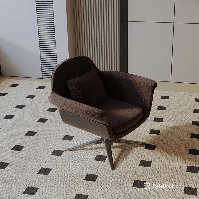 Brown Accent Chair with Cushion on Metal Star Base and Geometric Pattern Rug 3d model 