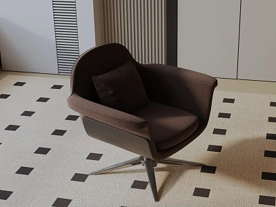 Brown Accent Chair with Cushion on Metal Star Base and Geometric Pattern Rug 3d model