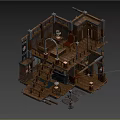 Cartoon Scene Of Wooden Multi Level Structure With Staircase Tables And Lanterns