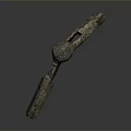 Ancient Bronze Sculpture with Intricate Carvings Patina Featuring Curved Section and Long Handle