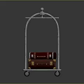 Metallic Luggage Cart With Silver Frame And Red Brown Leather Suitcases On Wheels