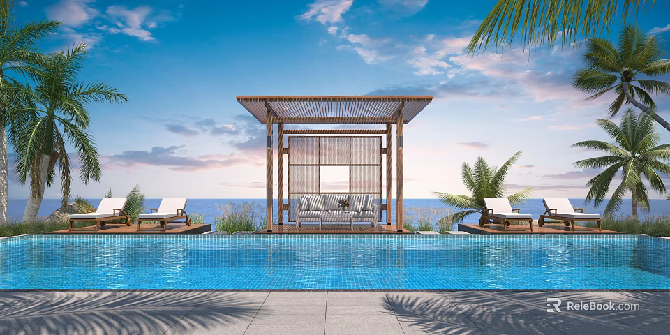 Outdoor Pool Area With Wooden Gazebo Loungers And Sea View Under Blue Sky 3d model 
