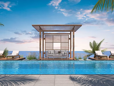 Outdoor Pool Area With Wooden Gazebo Loungers And Sea View Under Blue Sky 3d model