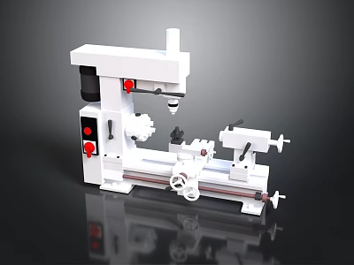 White Industrial Metal Lathe Machine With Red Control Buttons And Rotary Spindle 3d model