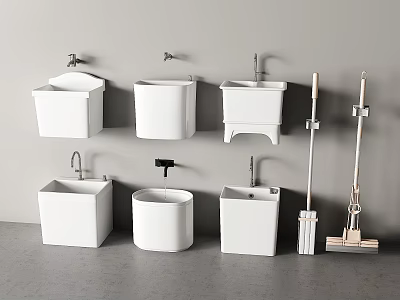Collection Of Different Styles White Bathroom Washbasins And Cleaning Tools 3d model