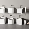 Collection Of Different Styles White Bathroom Washbasins And Cleaning Tools