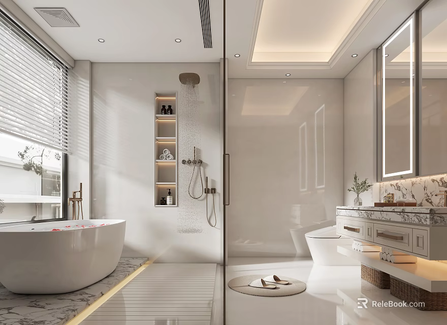 Modern Bathroom Interior Design With White Bathtub Shower Area Large Mirror Vanity And Potted Plant 3d model 