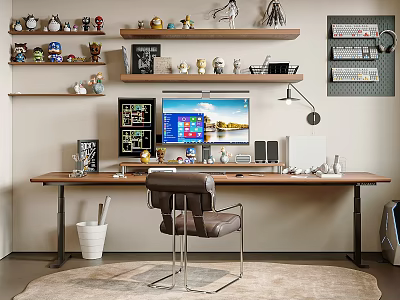 Modern Work Desk Setup with Two Monitors Desk Lamp Shelves Decorative Items and Leather Chair 3d model