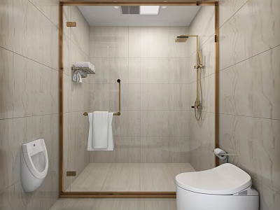Modern Bathroom Interior With Beige Tiled Walls Glass Shower Enclosure Toilet Urinal And Towel 3d model