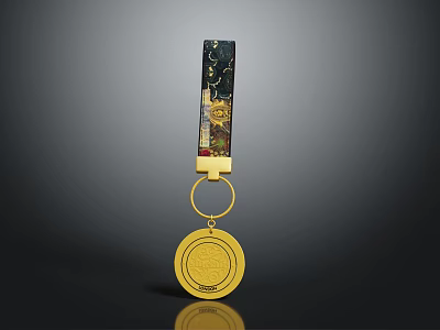Decorative Golden Circular Household Item With Black Patterned Lanyard And Artistic Details 3d model