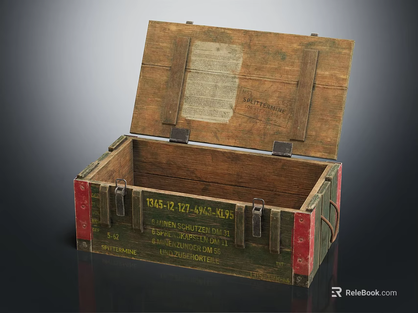 Open Vintage Wooden Crate With Metal Clasps And Printed Text On Surface 3d model 