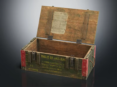 Open Vintage Wooden Crate With Metal Clasps And Printed Text On Surface 3d model
