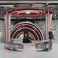 Futuristic Clothing Store with Silver Metal Structures Circular Platform Hanging Clothes Lighting Design and Mannequin