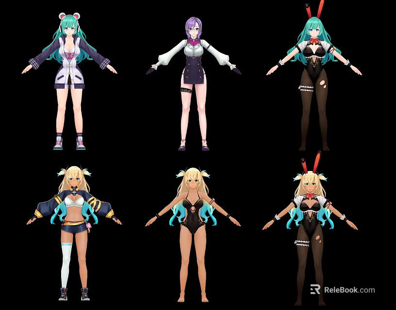 Anime Style Game and Movie Characters with Diverse Outfits Hairstyles and Colorful Designs 3d model 