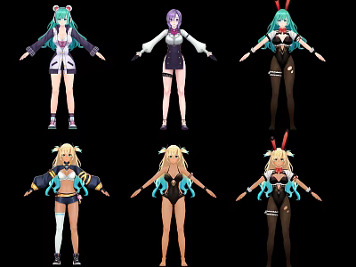 Anime Style Game and Movie Characters with Diverse Outfits Hairstyles and Colorful Designs 3d model