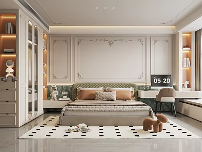 Elegant Modern Bedroom Interior Design With Decorative Wall Panels Green Upholstered Headboard And Checkered Rug 3d model