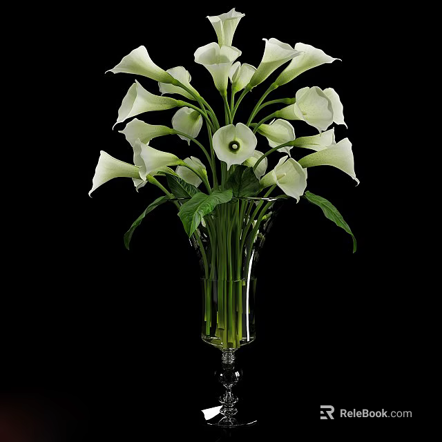 Fresh White Calla Lilies Arranged in Transparent Glass Vase with Green Leaves 3d model 