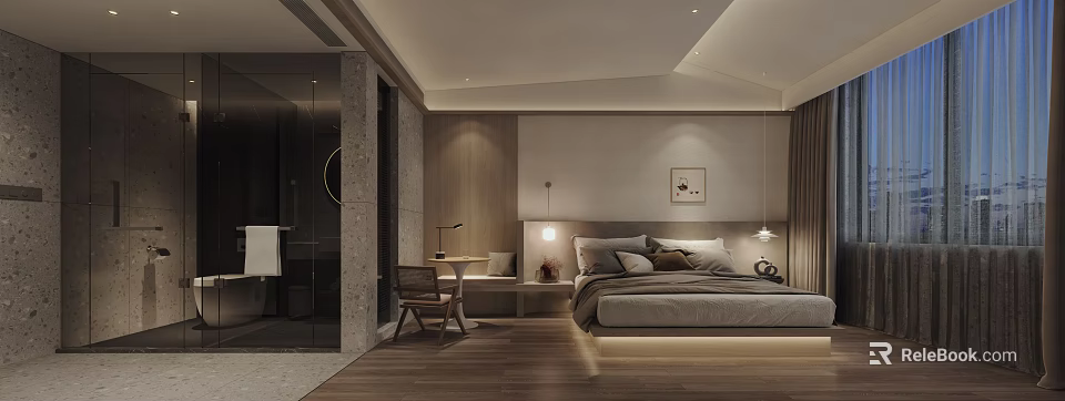 Modern Hotel Room Interior With Comfortable Bed Open Bathroom And Wooden Flooring 3d model 