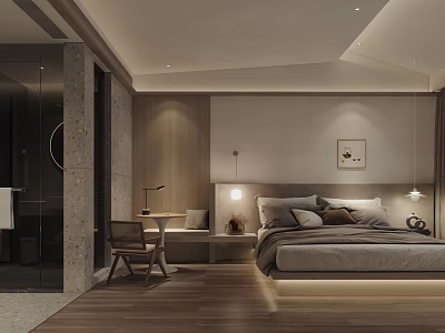 Modern Hotel Room Interior With Comfortable Bed Open Bathroom And Wooden Flooring 3d model