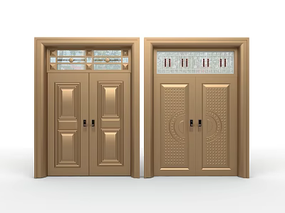Golden Double Entrance Doors With Glass Panels And Decorative Textured Designs 3d model