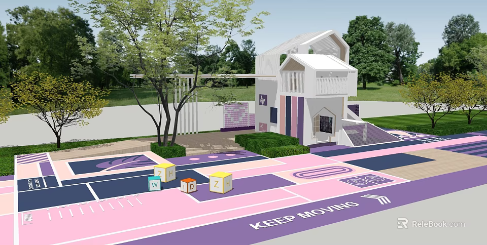 Colorful Kids Play Area With White Playhouse Trees And Colorful Cubes 3d model 