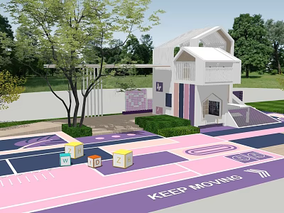 Colorful Kids Play Area With White Playhouse Trees And Colorful Cubes 3d model