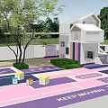 Colorful Kids Play Area With White Playhouse Trees And Colorful Cubes