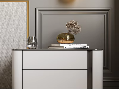 Modern White Black Nightstand With Gold Vase Dried Flowers Books Glass And Decorative Wall 3d model