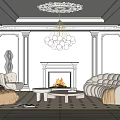 Elegant Modern Living Room Interior With White Curved Sofa Fireplace Ornate Ceiling And Spherical Chandelier