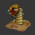 Fierce 3D Monster Model With Orange Yellow Stripes Open Mouth Sharp Fangs on Dirt Base