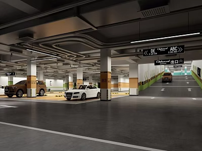 Modern Underground Parking Lot Featuring Direction Signs Parked Cars And Lighting 3d model