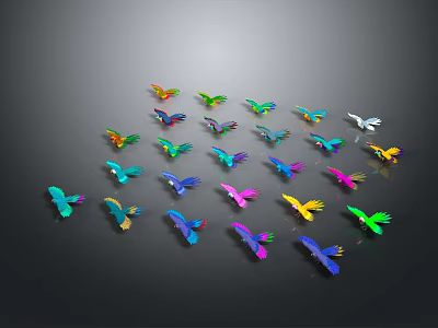 Multiple Colorful Birds Flying Against Black Background With Dynamic Postures 3d model