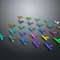 Multiple Colorful Birds Flying Against Black Background With Dynamic Postures