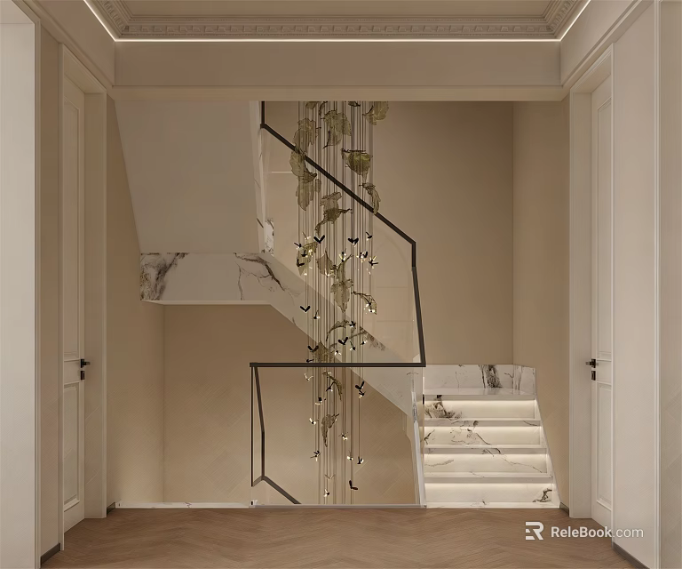 Modern Staircase Interior Design With Marble Steps Metal Railing And Glass Chandelier 3d model 