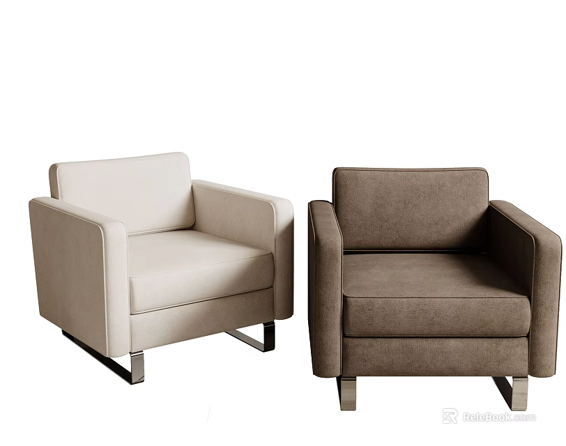 Modern Beige And Brown Upholstered Single Seater Sofa With Metal Legs For Living Room 3d model 
