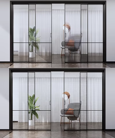Modern Glass Sliding Doors With Black Frames In Interior Space With Plants 3d model