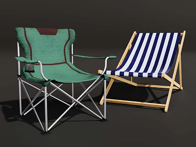Green and Blue White Striped Foldable Lounge Chairs with Metal and Wooden Frames 3d model