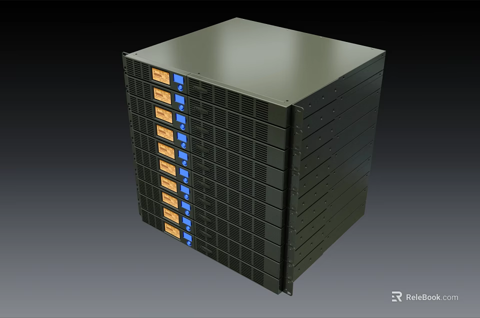 Modern Black Server Rack With Multiple Modules And Orange Blue Indicators 3d model 