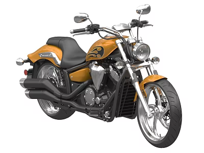 Orange and black cruiser motorcycle with black seat silver engine and flame decal 3d model