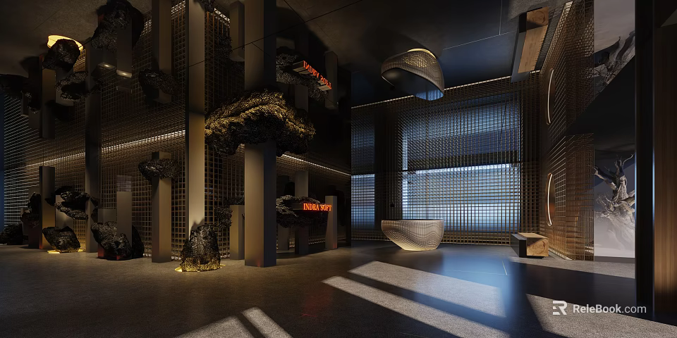 Modern Front Desk Reception Design With Stone Decor Wooden Screens And Ambient Lighting 3d model 