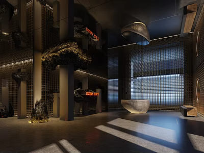 Modern Front Desk Reception Design With Stone Decor Wooden Screens And Ambient Lighting 3d model