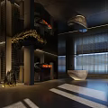 Modern Front Desk Reception Design With Stone Decor Wooden Screens And Ambient Lighting