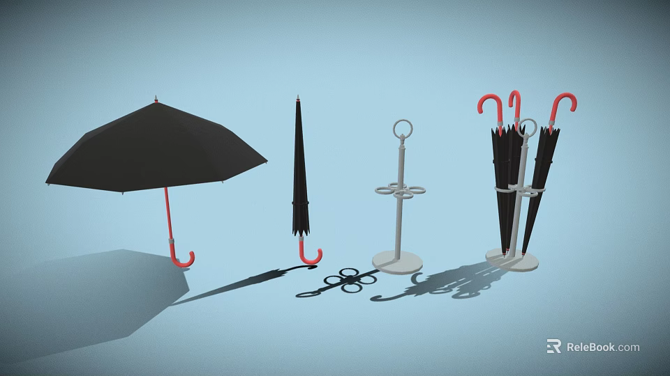 Simple Design Household Umbrella Stand With Black Umbrellas And Hanging Hooks 3d model 