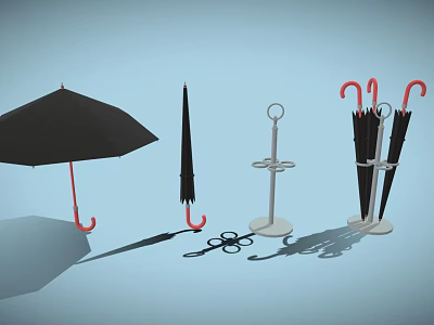 Simple Design Household Umbrella Stand With Black Umbrellas And Hanging Hooks 3d model