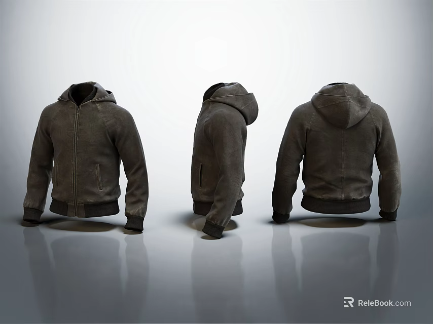 Dark Gray Zipper Hoodie With Front Side And Back Views For Casual Wear 3d model 