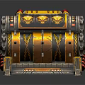 Golden Slot Machine With Skull Decorations And Mechanical Red Accents