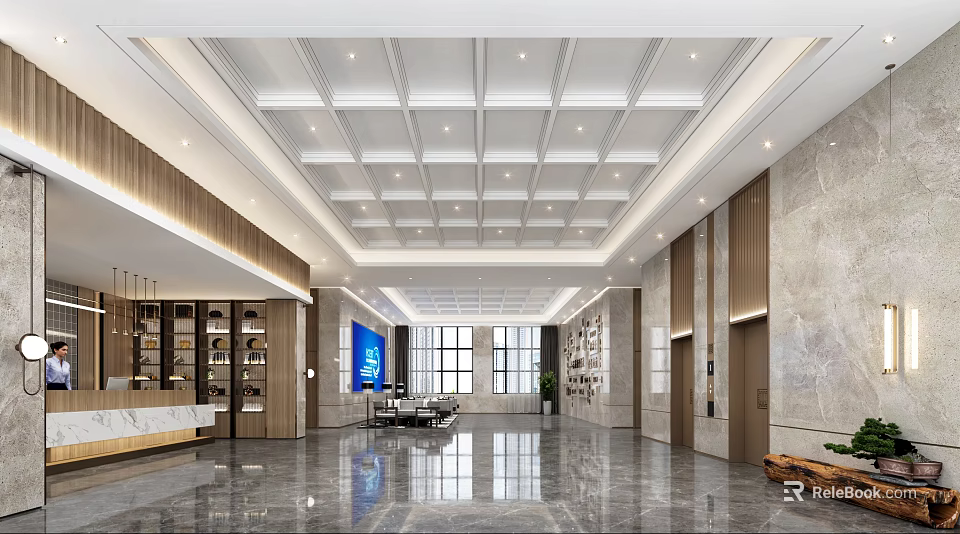 Elegant Modern Hotel Lobby With White Grid Ceiling Marble Floor And Blue Artwork 3d model 